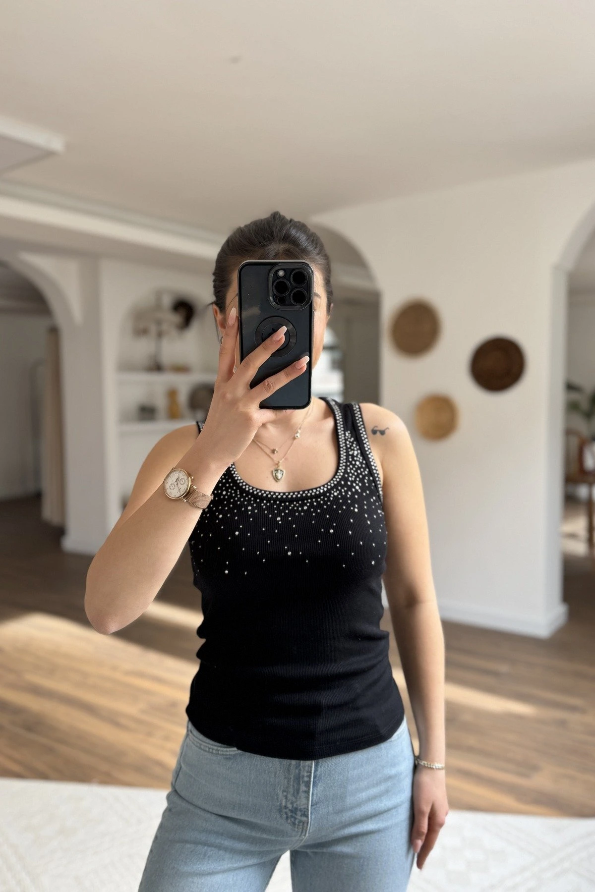 ÖN TAŞ BASKI U YAKA FİTİLLİ PAMUK KALIN ASKI ATLET - SİYAH - Görsel 1