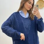 ÖN V DESEN AJURLU TRİKO - LACİVERT