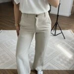 ÖN VEREV DİKİŞ DETAY BRİTLİ GENİŞ PAÇA PANTOLON - TAŞ