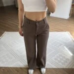 ÖN VEREV DİKİŞ DETAY BRİTLİ GENİŞ PAÇA PANTOLON - KAHVE