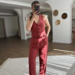 ÖN YIRTMAÇ ARKA BRİT KETEN VİSKON YELEK PANTOLON TAKIM - AÇIK KIRMIZI