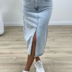 ÖN YIRTMAÇ MİDİ BOY KOT ETEK - BUZ MAVİ