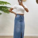 ÖN YIRTMAÇ UZUN JEAN ETEK - MAVİ