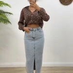 ÖN YIRTMAÇ UZUN JEAN ETEK - BUZ MAVİ