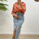 ÖN YIRTMAÇ VE DÜĞMELİ MİDİ KOT ETEK - MAVİ