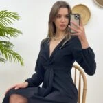 ÖNDEN BÜZGÜLÜ ELBİSE - SİYAH