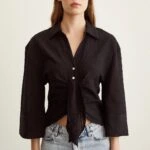 ÖNÜ BAĞLAMALI DOKULU ÇİZGİLİ VİSKON GÖMLEK - SİYAH