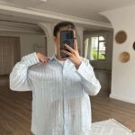 ORGANZE ÇİZGİLİ DOKULU SALAŞ GÖMLEK - MAVİ