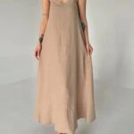 ÖRGÜ ASKI ASTARLI PAMUK KETEN ELBİSE - VİZON