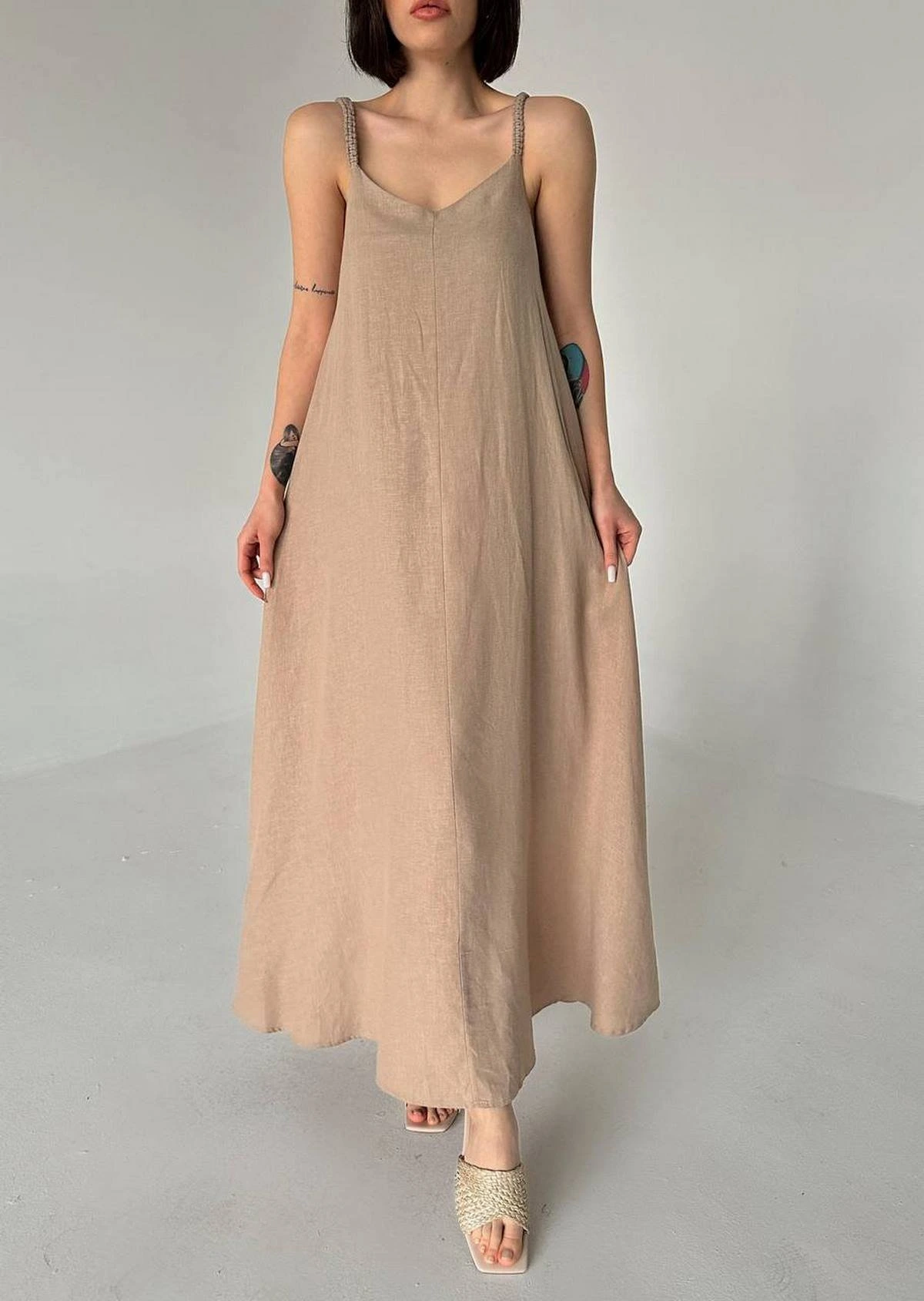 ÖRGÜ ASKI ASTARLI PAMUK KETEN ELBİSE - VİZON - Görsel 1