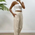 ÖRGÜ BEL ÇİFT PİLE RAHAT PANTOLON - BEJ