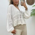 ÖRGÜ DETAY KOL LASTİKLİ GÖMLEK - EKRU