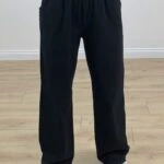 ÖRGÜ KEMER CEPLİ PAMUK  BOL PAÇA PANTOLON - SİYAH