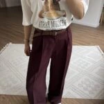 ÖRGÜ KEMER ÖN PİLİ VİSKON KETEN BOL PAÇA PANTOLON - BORDO