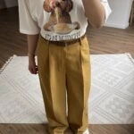 ÖRGÜ KEMER ÖN PİLİ VİSKON KETEN BOL PAÇA PANTOLON - SAFRAN