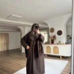 OVERSİZE GENİŞ YAKA ATKILI KAŞE KABAN - KAHVE