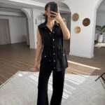 OYSHO KUMAŞ BEL BÜZGÜ CEPLİ ÇITÇITLI YELEK PANTOLON TAKIM - SİYAH