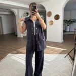 OYSHO KUMAŞ BEL BÜZGÜ CEPLİ ÇITÇITLI YELEK PANTOLON TAKIM - LACİVERT