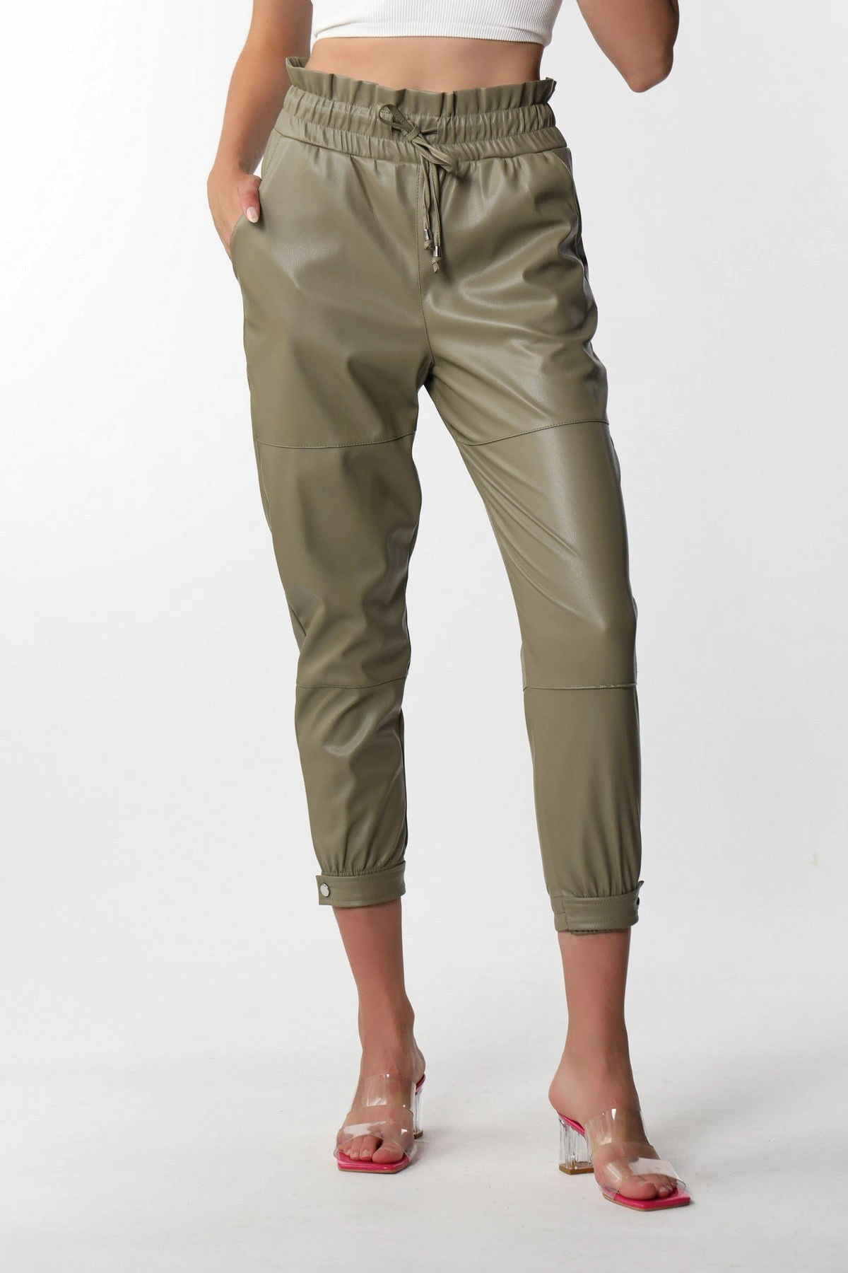 PAÇA ÇITÇITLI DERİ PANTOLON - HAKİ - Görsel 1