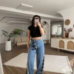 PAÇA YAN EKOSE KUMAŞ GÜPÜR ŞERİT ARKA BEL LASTİK PALAZZO JEAN - MAVİ