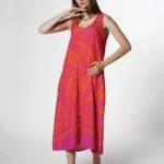 PALMİYE DESEN CEPLİ V YAKA PAMUK ELBİSE - PEMBE