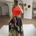 PALMİYE DESEN KUŞAKLI MİDİ PAMUK ETEK - SİYAH