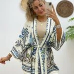 PALMİYE DESEN VİSKON KİMONO - KEMİK