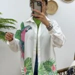 PAPAĞAN KUŞ BASKI SALAŞ GÖMLEK - BEYAZ