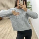 PARLAK BASKI BİSİKLET YAKA ÖRGÜ KAZAK - GRİ