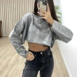 PARLAK BASKI CROP KAZAK - GRİ