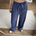 PARLAK ÇİZGİ DOKU İPEK VİSKON RAHAT PANTOLON - İNDİGO