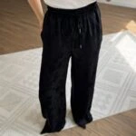 PARLAK DESEN DOKU İPEK VİSKON BEL LASTİK PANTOLON - SİYAH