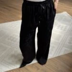 PARLAK DESEN DOKU İPEK VİSKON BEL LASTİK PANTOLON - SİYAH