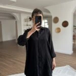 PARLAK DESEN DOKU İPEK VİSKON UZUN GÖMLEK - SİYAH