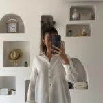 PARLAK DOKU DESEN V YAKA PAMUK GÖMLEK - EKRU