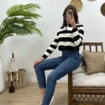 PİKE ÖRGÜ ÇİZGİLİ HIRKA - SİYAH EKRU