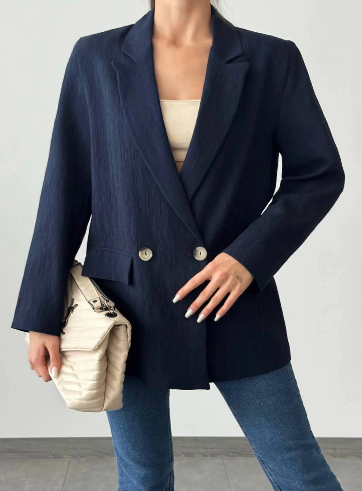 PLİSELİ ÇİFT DÜĞME CEKET - LACİVERT - Görsel 1
