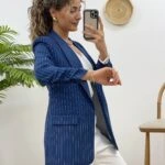 POLİVİSKON KOLU BÜZGÜLÜ ÇİZGİLİ CEKET - İNDİGO