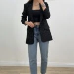 POLİVİSKON KOLU BÜZGÜLÜ ÇİZGİLİ CEKET - SİYAH