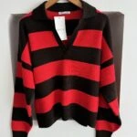 POLO V YAKA KALIN ŞERİTLİ KAZAK - KAHVE-KIRMIZI