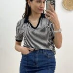 POLO YAKA ÇİZGİLİ KISA KOL İNCE TRİKO - SİYAH EKRU