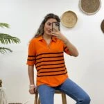 POLO YAKA ÇİZGİLİ KISA KOL TRİKO - ORANGE-LACİ