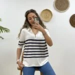 POLO YAKA ÇİZGİLİ KISA KOL TRİKO - EKRU-LACİ