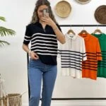 POLO YAKA ÇİZGİLİ KISA KOL TRİKO - SİYAH EKRU