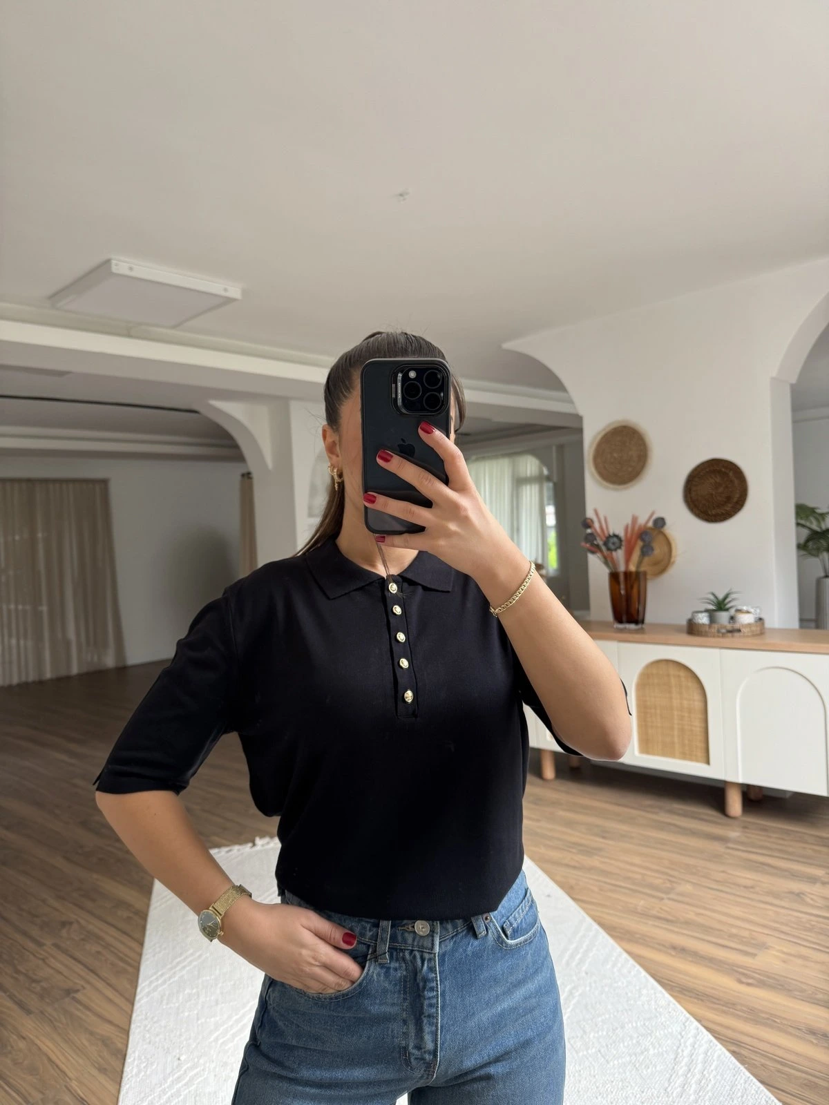 POLO YAKA DÜĞMELİ KISA KOL VİSKON TRİKO - SİYAH - Görsel 1