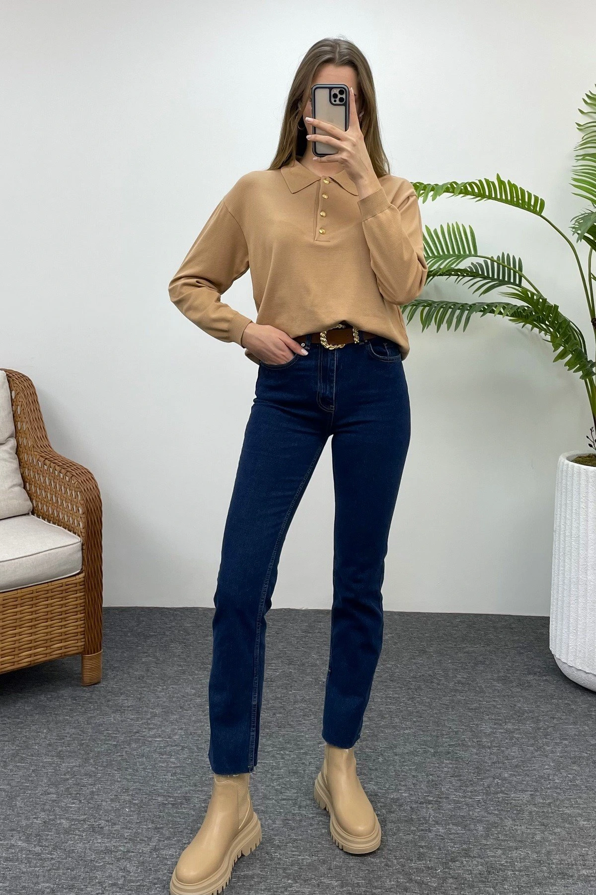 POLO YAKA DÜĞMELİ TRİKO - CAMEL - Görsel 1