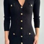 POLO YAKA DÜĞMELİ VİSKON TRİKO ÇAN ELBİSE - SİYAH BEYAZ