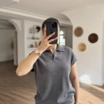 POLO YAKA DÜŞÜK KOL PAMUK İNCE TRİKO BLUZ - FÜME