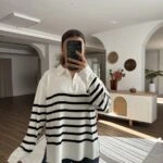 POLO YAKA FERMUARLI ÇİZGİLİ VİSKON TRİKO - EKRU SİYAH