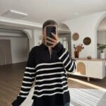 POLO YAKA FERMUARLI ÇİZGİLİ VİSKON TRİKO - SİYAH BEYAZ